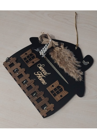 Sweet Home Siyah Ahşap Anahtar Askılığı Duvar Askılı Anahtarlık Siyah