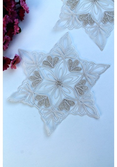 6 Adet Yıldız Motifli Krem Gold Simli Bardak Altlığı & Kokteyl Beyaz