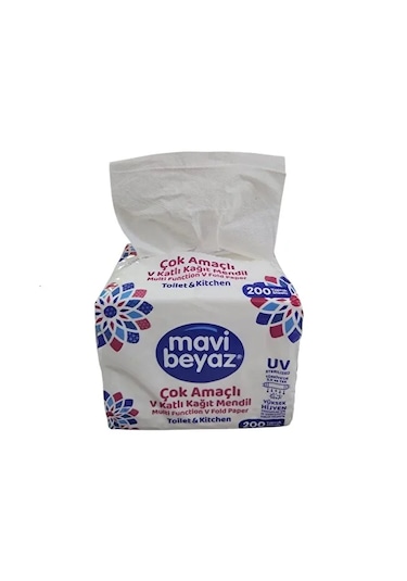 Mavi Beyaz Çok Amaçlı V Katlama Kağıt Mendil 200 Yaprak Uv Sterilize