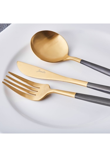 Jumbo Colors Siyah Mat Altın 6 Kişilik 30 Parça Çatal Kaşık Bıçak Seti Mat Altın