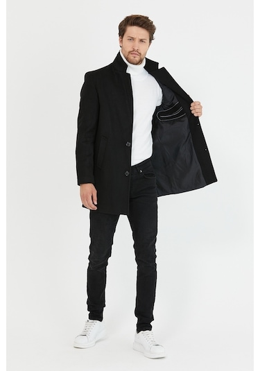 Erkek Siyah Slim Fit Dik Yaka Kaşe Kaban-Siyah