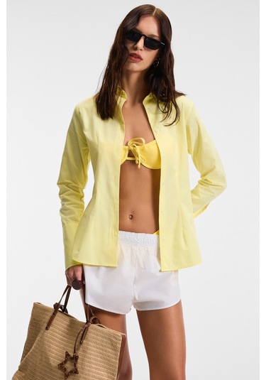 PAPILUS Kadın Regular %100 Organik Pamuk İnce Uzun Gömlek Yaka Uzun Kollu Sarı Gömlek