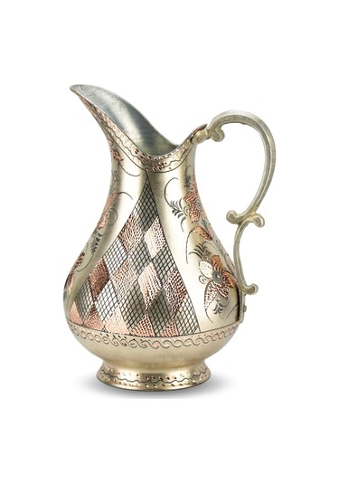 Gül Çiçek Gümüşlü İşlemeli Bakır Sürahi