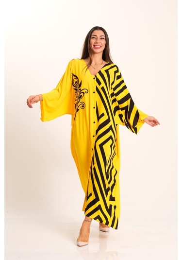 Kadın Sarı Desenli Garnili V Yaka Yarasa Kol Cepli Oversize Uzun Gömlek Elbise - Sarı