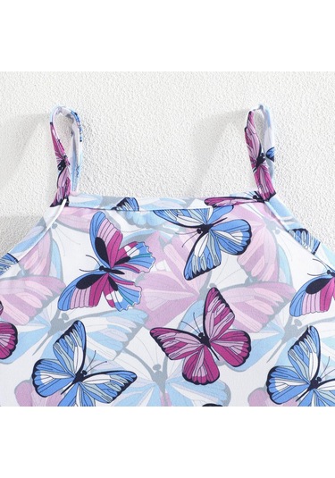 2-7 Yaş Çocuk Takımı Yaz Yeni Tatlı 2 Parça Günlük Hanım Tarzı Kısa Kollu Kayık Yaka Üst + Kelebek Baskılı Askılı Etek Mor