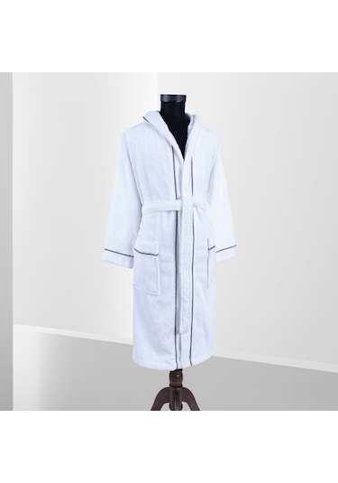 % 100 Pamuklu Laodikeia Kapşonlu Unisex Kadın Erkek Bornoz Beyaz