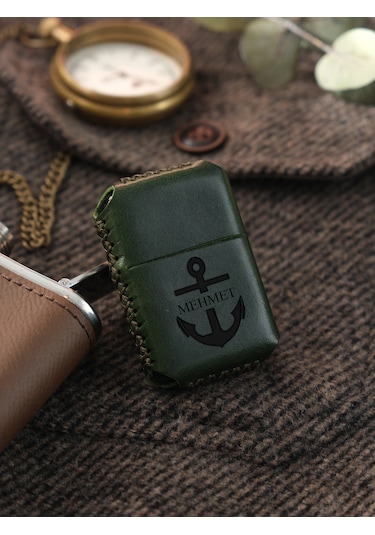 Vagave Yeşil Renk Hakiki Deri Kılıflı Zippo Benzinli Çakmak