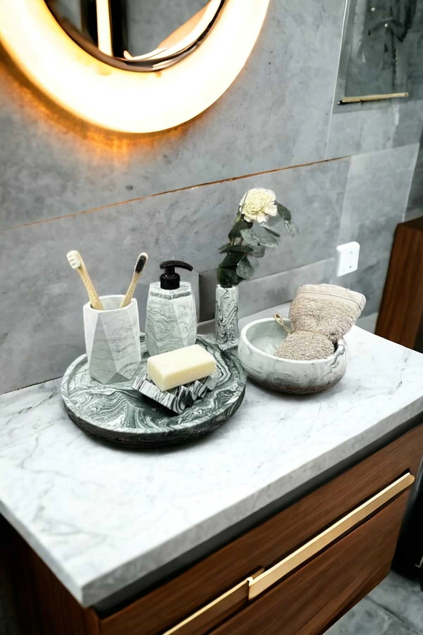 6'lı Mermer Desenli Yeşil Beton Banyo Seti Sıvı Sabunluk Diş Fırçalığı Aksesuar Takım Yeşil