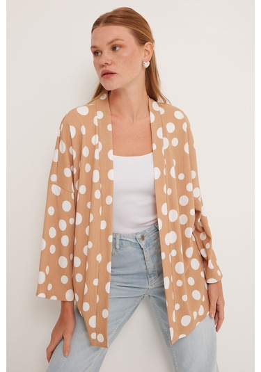 Bigdart Kadın Bej Beyaz Puantiyeli Örme Kimono 5862 001