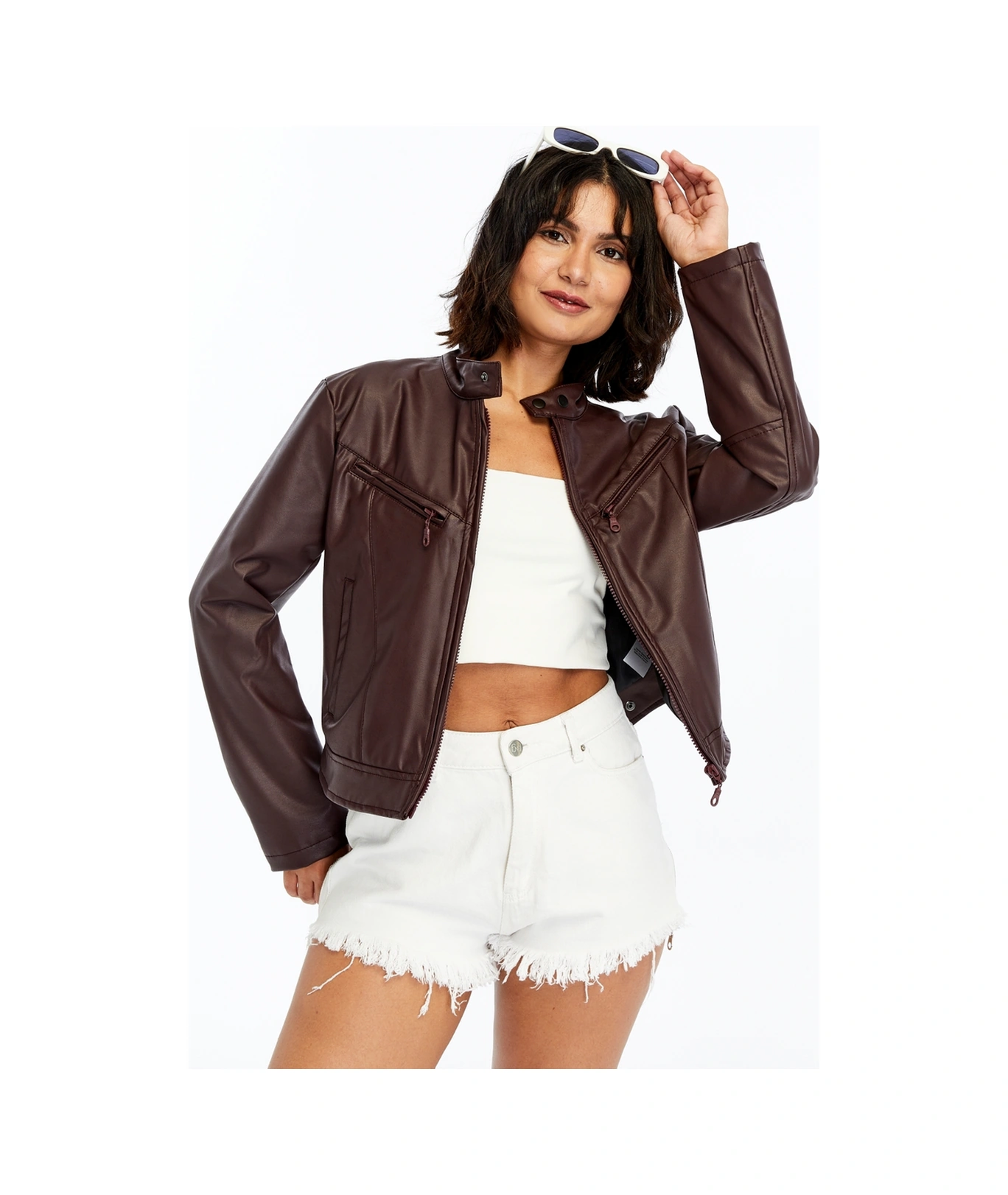 Kadın Deri Ceket Niş Kompakt Tasarım Mont Günlük Kullanım Fermuar Hakim Yaka Şık Ceket Bordo