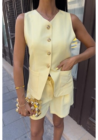 Gold Düğme Detaylı Yelek Şort Cotton Takım 10208 Altın