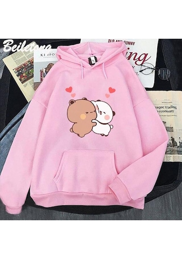 Pembe Kawaii Hoodie Panda Ayı Karikatür Bubu Dudu Baskı Kız Büyük Boy Kazak İlkbahar/sonbahar Açık Mavi Uzun Kollu Cep Tops Pembe