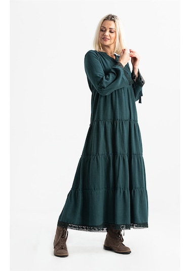 Uzun Kol Seçil Pazen Uzun Elbise Petrol Ptrl