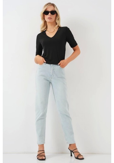 V Yaka Kısa Kol Basic Bluz 955 - Siyah Si Yah