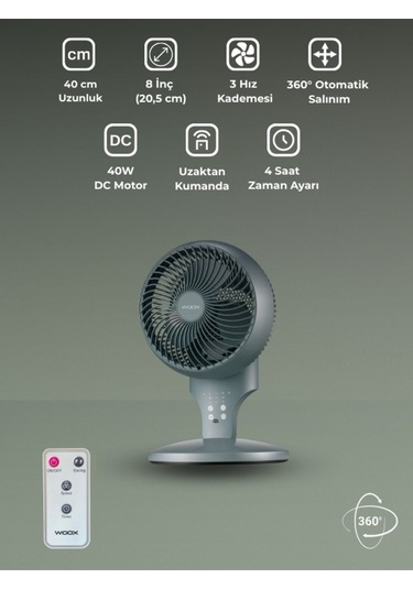Woox 8'' 360 Derece Salınımlı Uzaktan Kumandalı Dokunmatik Ekran 40 Cm Zaman Ayarlı Masaüstü Vantilatör