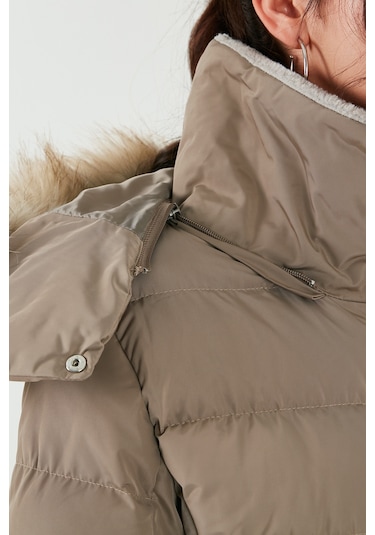 Lela Regular Fit Çıkarılabilir Kapüşonlu Fermuarlı Cepli Şişme Bayan Mont 497Emily Koyu Bej