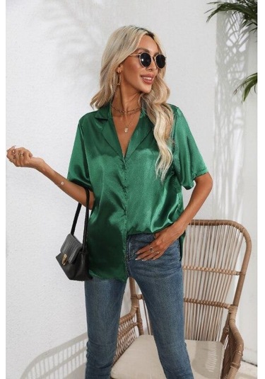 Kısa Kollu Gömlek Yaz Katı Saten Ipek Gömlek Düğme Yukarı Bluz Gevşek Ofis Kadın Blusas Casual Gömlek Tops Zarif 26107 Koyu Yeşil