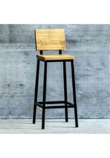 Dikdörtgen Doğal Ahşap Sırtlıklı Bar Sandalyesi Siyah