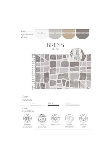 Cool Halı Bress 1414 Gri Mutfak Halısı Bukle Dokuma Saçaklı Tezgah Önü Leke Tutmaz İskandinav Yolluk