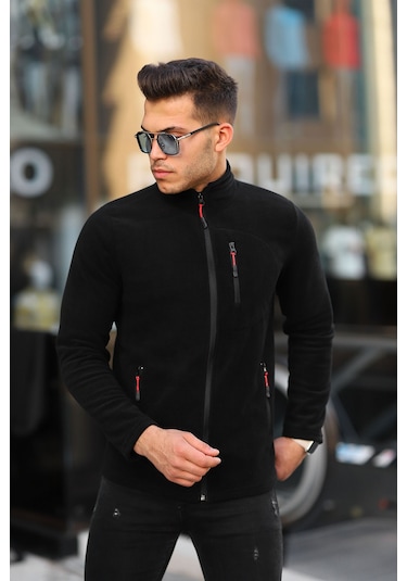 Kozik Standart Kalıp Tam Fermuarlı 3 Cepli Erkek Polar - Siyah