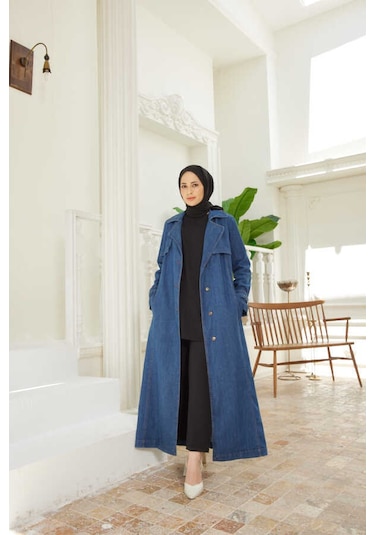 Neways 6458-Battal Allerli Denim Trençkot Koyu Mavi Mavi