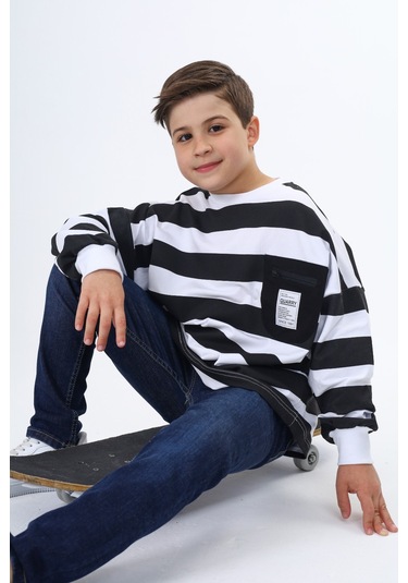 Toontoy Erkek Çocuk Çizgili Sweatshirt Beyaz