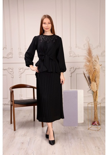 AYMERAVM - Yakası Taşlı Kadın İkili Takım - FLZ4201GA Siyah