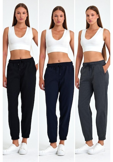 Kadın Siyah-lacivert-antrasit Pamuklu Kalın Paçası Lastikli Yüksek Bel Rahat Jogger 2'li Eşofman Altı Çok Renkli