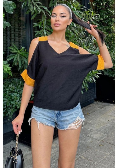 Kadın Siyah Omuz Dekolteli Kısa Kol, Salaş Keten Bluz Siyah