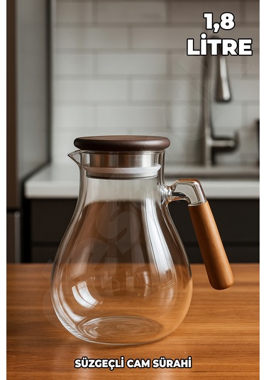 Süzgeçli Yuvarlak Cam Sürahi - Akasaya Kapaklı Ve Saplı - Detoks Sürahisi - Contalı Kapak