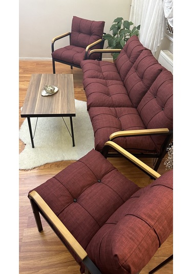 Modern Modern Style Home Modern Erciyes Balkon, Bahçe, Cafe - Metal Kanepe Koltuk Takımı - 3+1+1 Sehpa Bordo Modern3bs Bordo