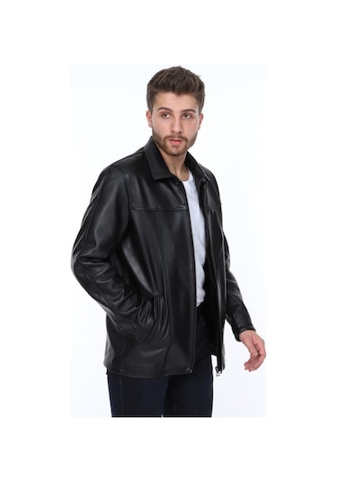 Hakiki Kuzu Derisi Gömlek Yaka Fermuarlı Erkek Deri Ceket Siyah Siyah