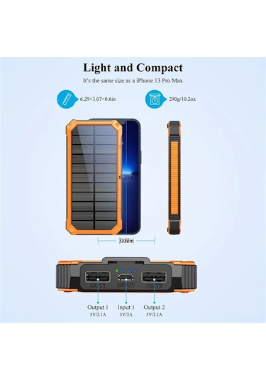 Geeksen 20000 Mah Turuncu Güneş Enerjili Power Bank: Çift Usb, Led Fenerli, Dış Mekanlar İçin Dayanıklı Taşınabilir Şarj Cihazı