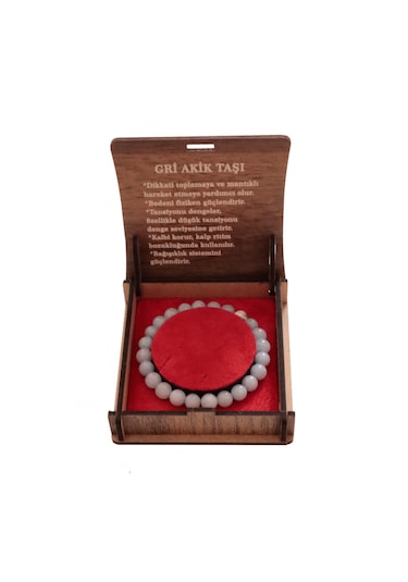 Gri Akik Taşı Bileklik 8 Mm Doğal Taş Ve Şık Hediye Kutusu Gri