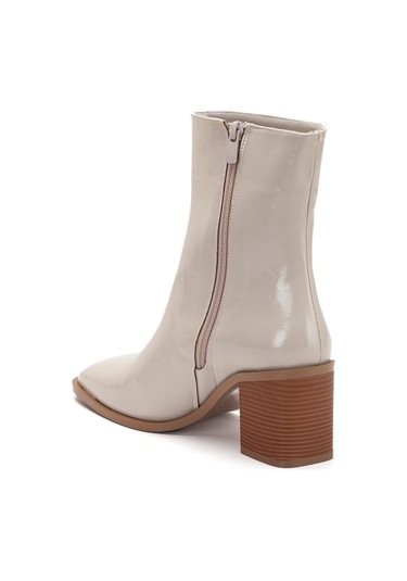 Bej Kadın Kalın Topuklu Bot Rugan Küt Burun Yüzüdüz-4258 Bej