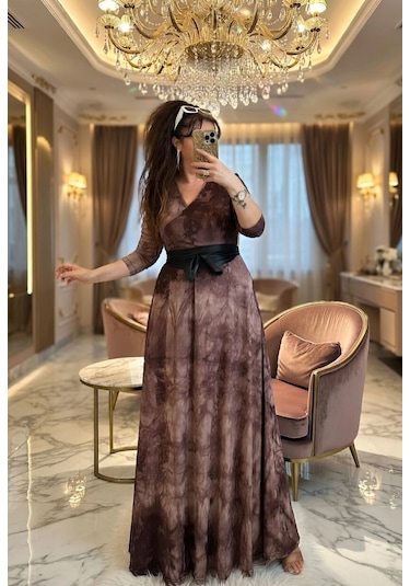 Azra Butik Tam Boy Kahve Dalga Desen Elbise