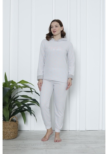 Fawn 3903 Peluş Welsoft Polar Kışlık Kapşonlu Kadın Pijama Takımı Açık Gri