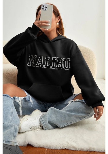 Malıbu Baskılı Oversize Sweatshirt Siyah