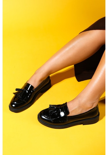 Milina Siyah Rugan Püsküllü Hakiki Deri Kadın Loafer Ayakkabı Siyah