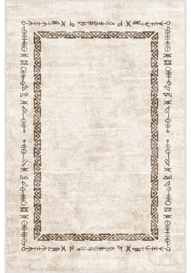 Zeminde Geleneksel İzler Geometrik Motifli Bej Renkli Kaymaz Taban Halı Bej