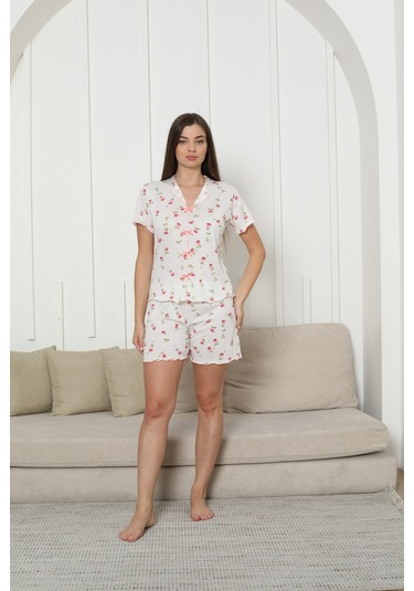 Kadın Örme Kumaş Dark Blue Star Pattern Kısa Kol Şortlu Pijama Takımı Kırmızı