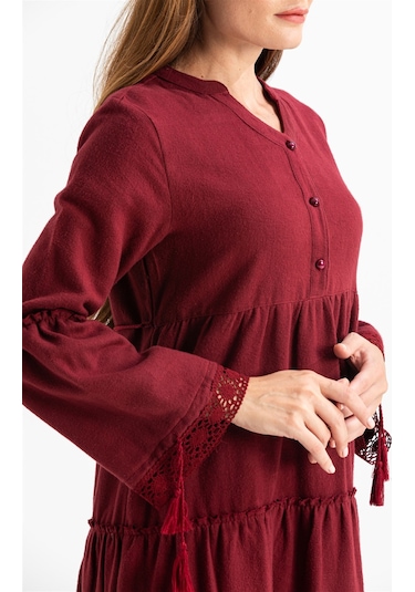 Uzun Kol Seçil Pazen Uzun Elbise Bordo Brd Bordo