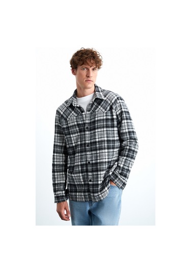 Allenı Erkek Pamuk Gömlek Yaka Relaxed Oduncu Siyah Gömlek