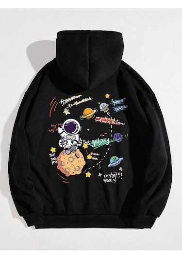 Space Travel Sweatshirt - Siyah Baskılı Oversize Kapüşonlu Siyah