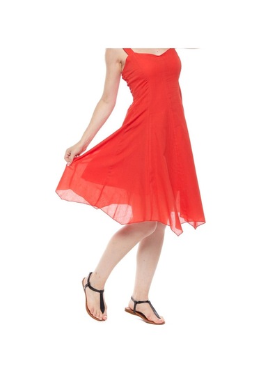Kırmızı Askılı Vual Asimetrik Yazlık Elbise