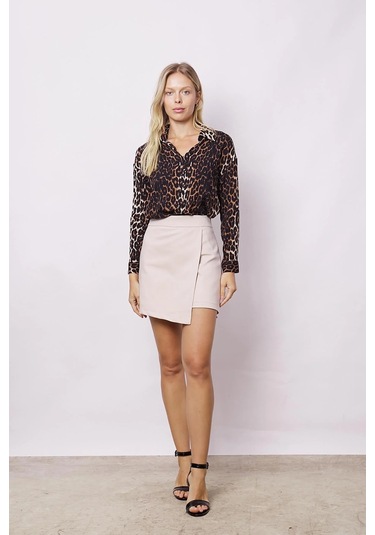 Kadın Likrasız Viskon Vual Desenli Yakalı Düşük Omuzlu Uzun Kol Şık Gömlek-leopar Leopar