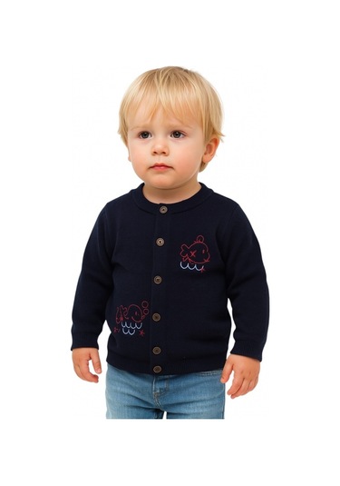 Balık Nakışlı Erkek Çocuk Hırka Lacivert