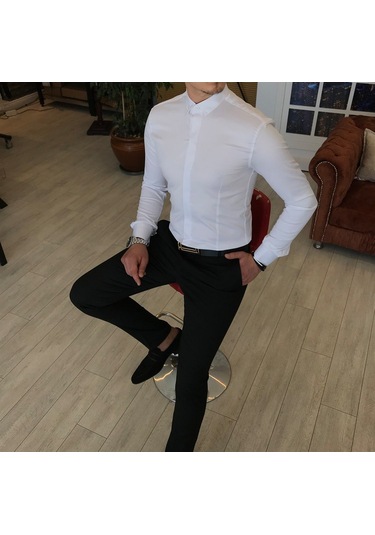 Italyan Kesim Slim Fit Erkek Küçük Yaka Gömlek Beyaz T4800