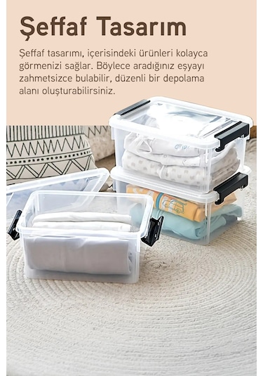 3'lü Saklama Kabı Yatay Dikdörtgen Kilitli Kapaklı Çok Amaçlı Oyuncak Saklama Kutusu 5 Litre Şeffaf