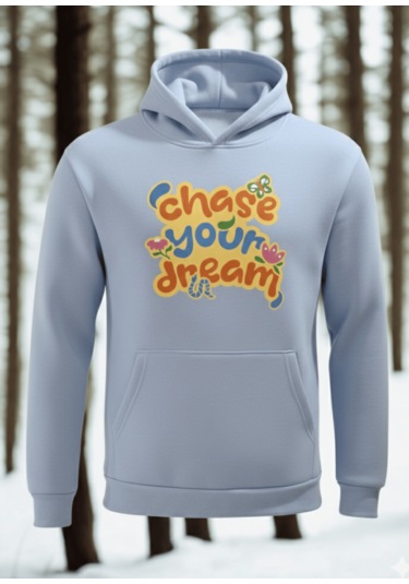 Feydi Unisex İçi Polarlı Kapüşonlu Sweatshirt Dream Baskılı Açık Mavi